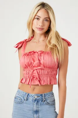 Women's Tie-Strap Bow Crop Top in Coral Pink Large