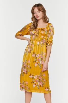 Women's Chiffon Floral Print Midi Dress in Yellow Small