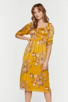 Women's Chiffon Floral Print Midi Dress in Yellow, XS