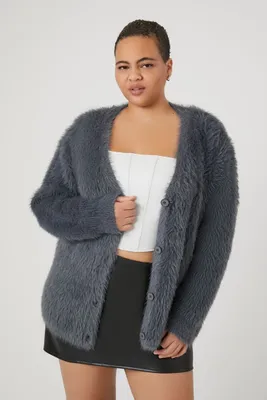 Women's Fuzzy Knit Cardigan Sweater in Grey, 2X