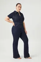 Women's Denim Zip-Up Jumpsuit in Dark Denim, 3X