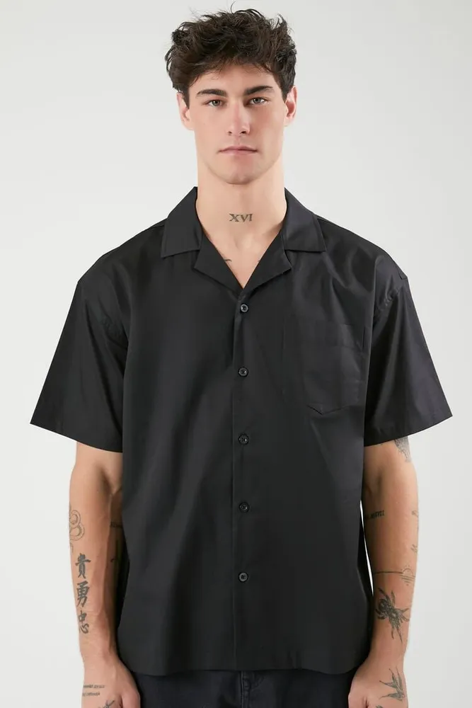 Men Poplin Short-Sleeve Shirt in Black Large