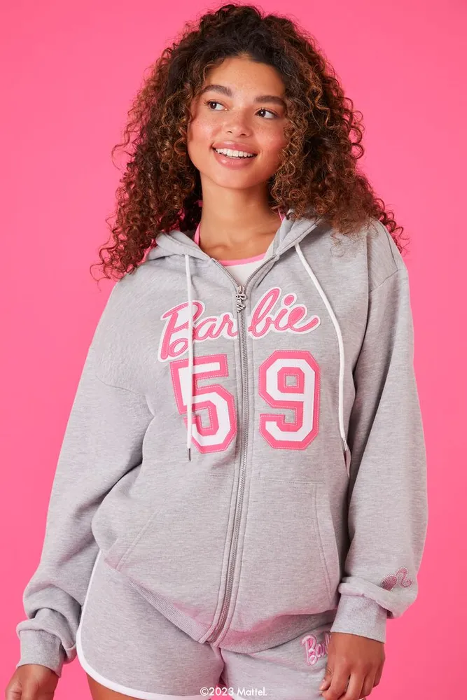 Women's Embroidered Barbie Zip-Up Hoodie in Heather Grey Medium