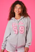 Women's Embroidered Barbie Zip-Up Hoodie in Heather Grey Medium