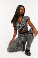 Women's Ruched Drawstring Zebra Print Crop Top in Black/White Small