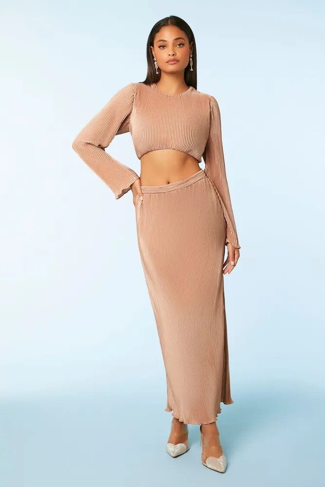 Women's Ribbed Top & Maxi Skirt Set in Rose Gold, XL