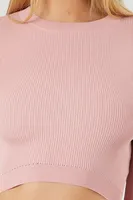 Women's Cropped Rib-Knit Sweater in Pale Mauve, XL