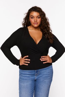 Women's Surplice Long-Sleeve Top in Black, 0X