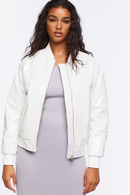 Women's Faux Patent Leather Bomber Jacket in Overcast Medium