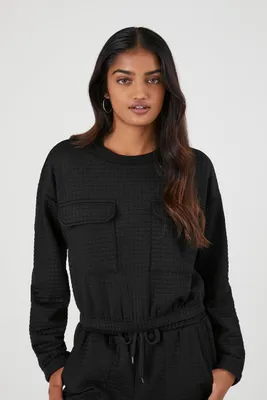 Women's Waffle Knit Pocket Pullover in Black, XL