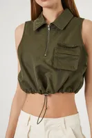 Women's Drawstring Half-Zip Crop Top in Dark Olive Large