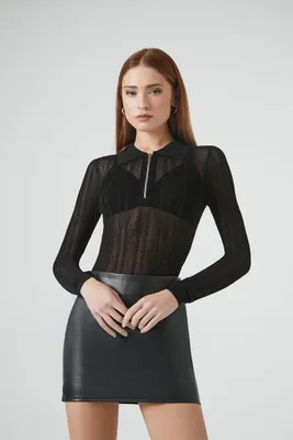 Women's Sheer Half-Zip Sweater in Black Small