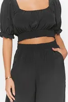 Women's Puff-Sleeve Crop Top & Wide-Leg Pants Set in Black Small