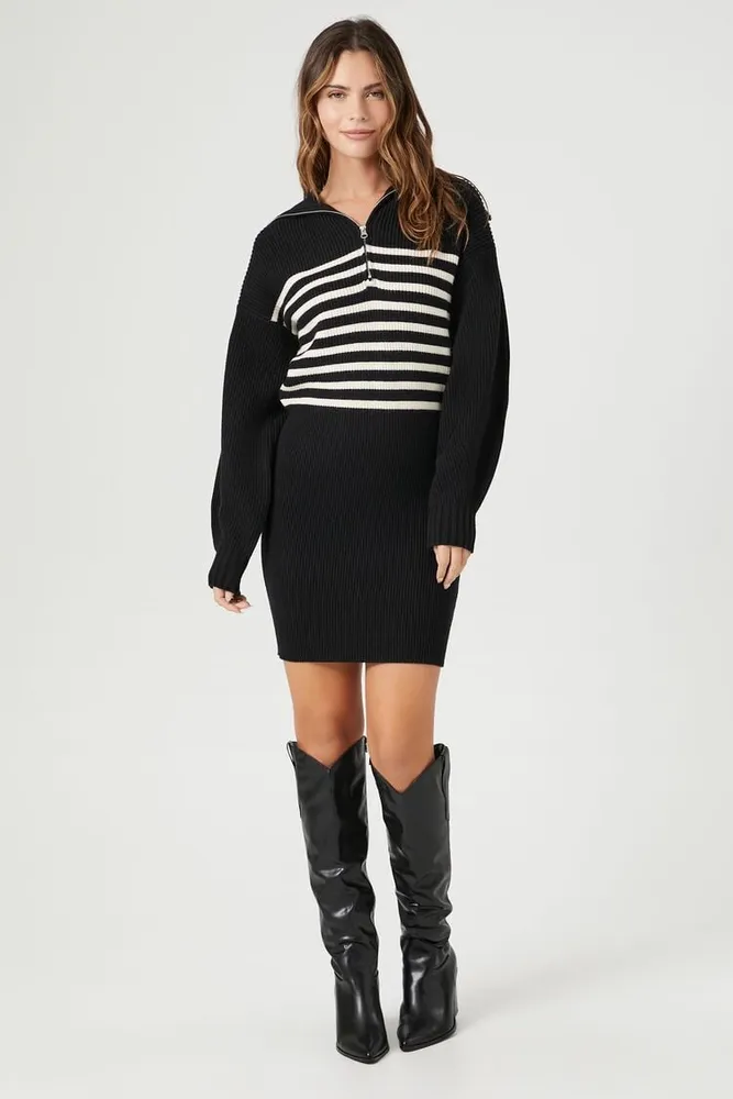 Women's Striped Sweater Mini Dress in Black/Vanilla Large