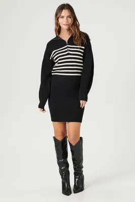 Women's Striped Sweater Mini Dress in Black/Vanilla, XXL
