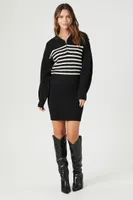 Women's Striped Sweater Mini Dress in Black/Vanilla, XL