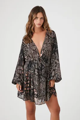 Women's Satin Paisley Plunging V-Neck Mini Dress in Black Small