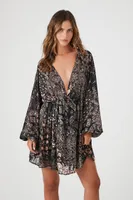 Women's Satin Paisley Plunging V-Neck Mini Dress in Black Small