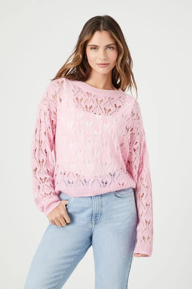 Women's Open-Knit Boat Neck Sweater in Pink Medium