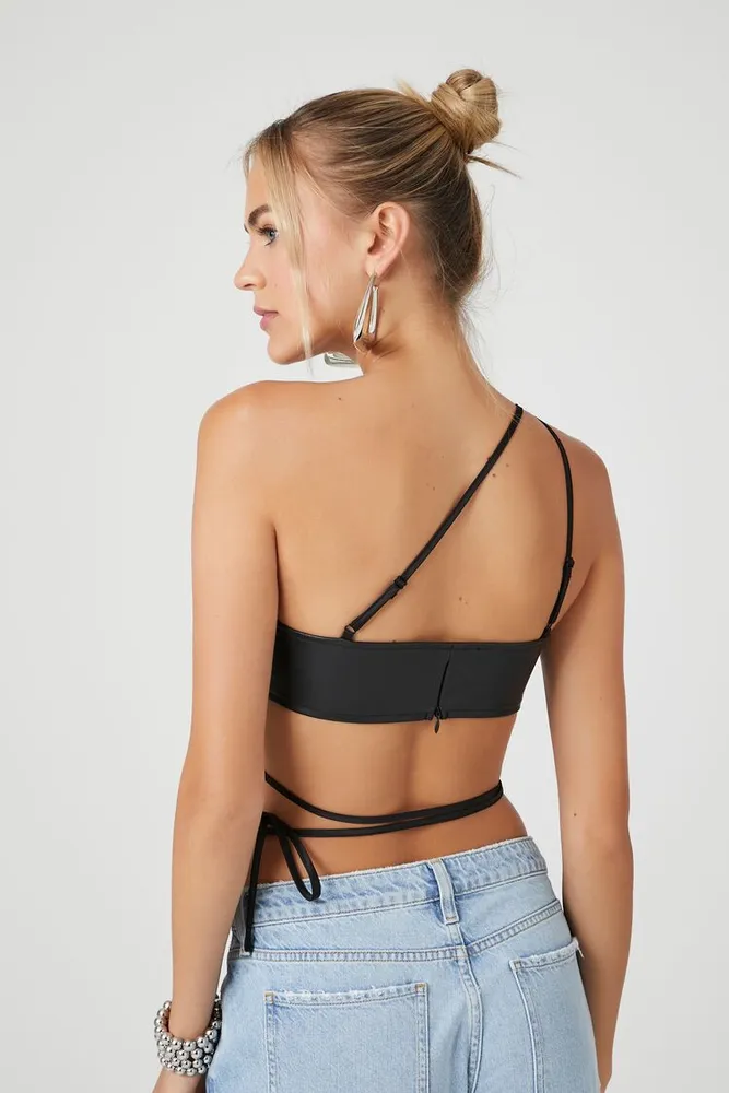 Women's Faux Leather Strappy Crop Top in Black, XL