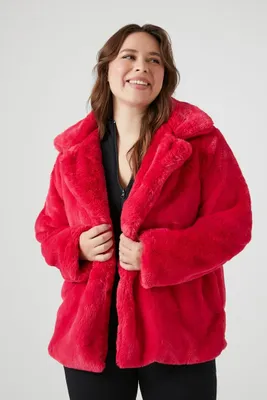 Women's Notched Faux Fur Coat in Pink, 1X