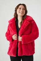 Women's Notched Faux Fur Coat in Pink, 0X