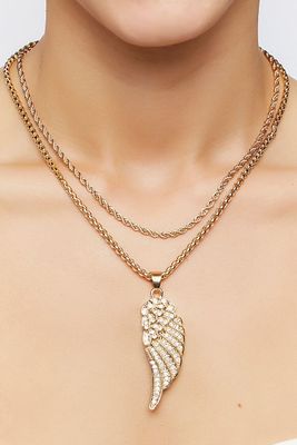 Women's Wing Pendant Necklace Set in Gold/Clear