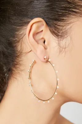 Women's Faux Pearl Hoop Earrings in Cream/Gold