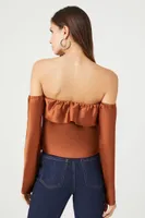 Women's Satin Off-the-Shoulder Flounce Top in Chestnut Small