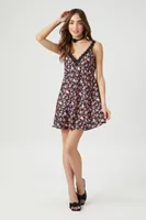 Women's Floral Print Satin Mini Dress in Black Medium