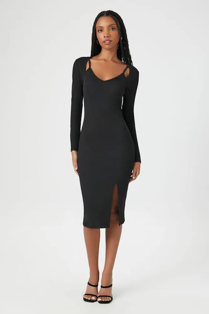 Women's Ribbed Combo Bodycon Midi Dress in Black Medium