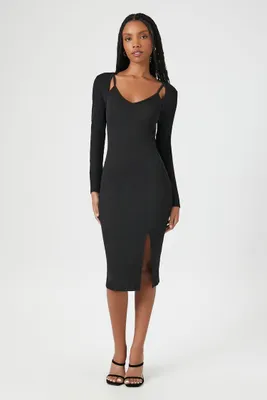 Women's Ribbed Combo Bodycon Midi Dress Black