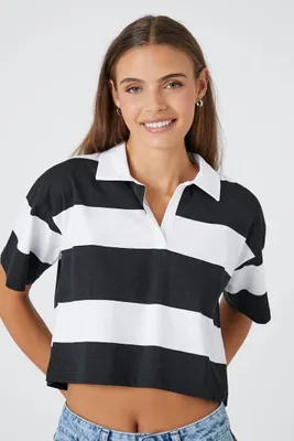 Women's Cropped Striped Polo Shirt in Black/White Small