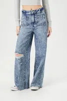 Women's Acid Wash Distressed Baggy Jeans Medium Denim,