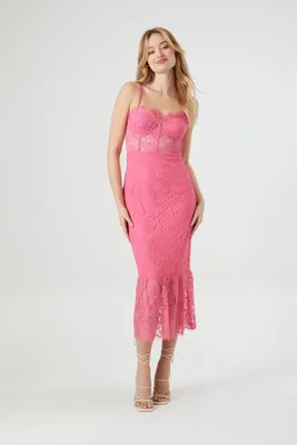 Women's Lace Bustier Cami Midi Dress in Hot Pink Small
