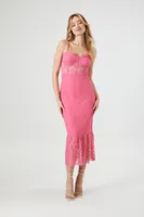 Women's Lace Bustier Cami Midi Dress in Hot Pink Small