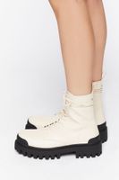 Women's Faux Leather Lug Combat Boots Cream/Black,