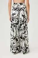 Women's Satin Ornate Print Wide-Leg Pants in Black, XS