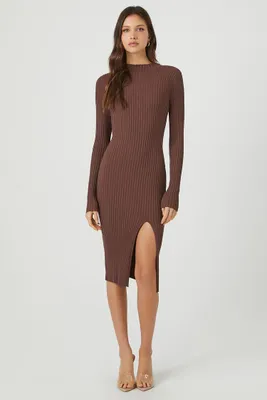 Women's Ribbed Knit Midi Sweater Dress in Walnut, XXL