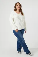 Women's Cable Knit Fringe Sweater in Cream, 1X