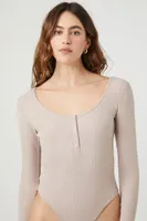 Women's Ribbed Knit Long-Sleeve Bodysuit in Goat Small