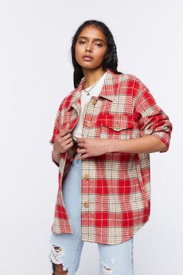 Women's Plaid Button-Front Shacket in Red Small