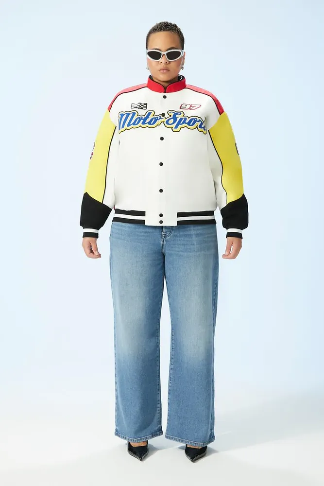 Women's Colorblock Moto Sport Jacket in White, 1X