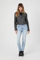 Women's Studded Faux Leather Moto Jacket in Washed Black Small