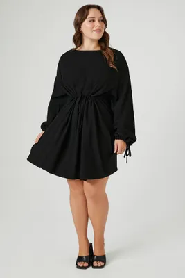 Women's Drawstring Peasant-Sleeve Mini Dress in Black, 0X
