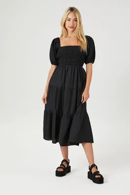 Women's Tiered Puff-Sleeve Midi Dress in Black Small