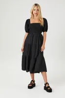 Women's Tiered Puff-Sleeve Midi Dress in Black, XS