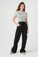 Women's Ribbed New York Graphic Cropped T-Shirt in Heather Grey Large