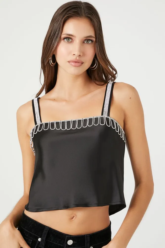 Women's Satin Rhinestone-Trim Cropped Cami