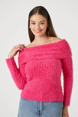 Women's Fuzzy Knit Off-the-Shoulder Sweater in Fuchsia Large